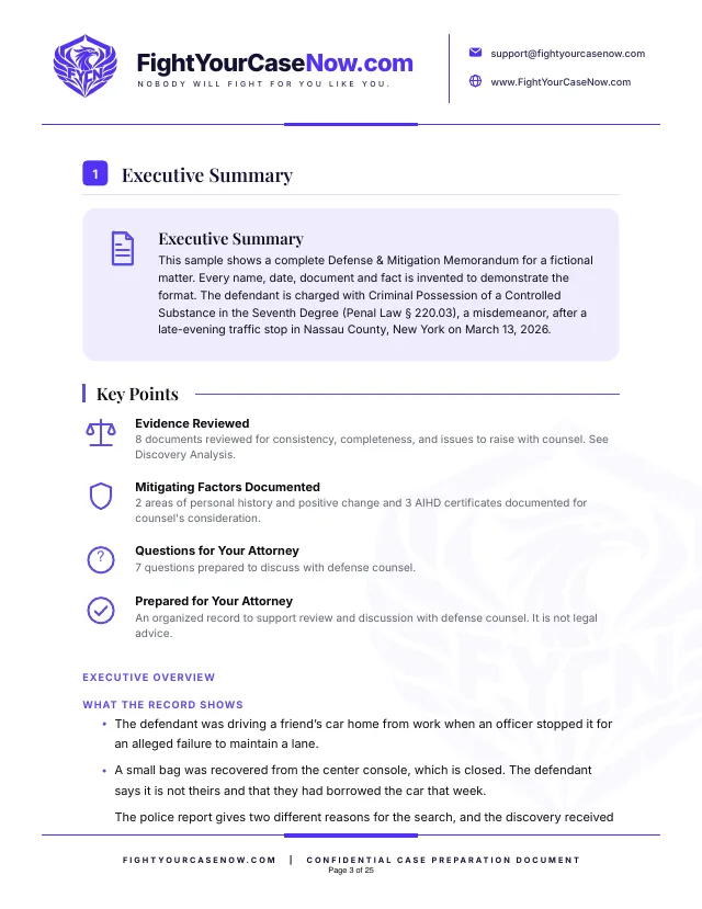 Page 3 of 25 of the sample memorandum: Page 3. Fictional case, illustrative example only.