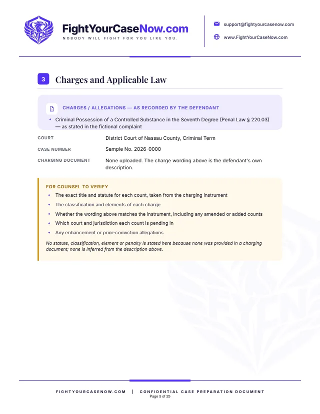 Page 5 of 25 of the sample memorandum: Page 5. Fictional case, illustrative example only.