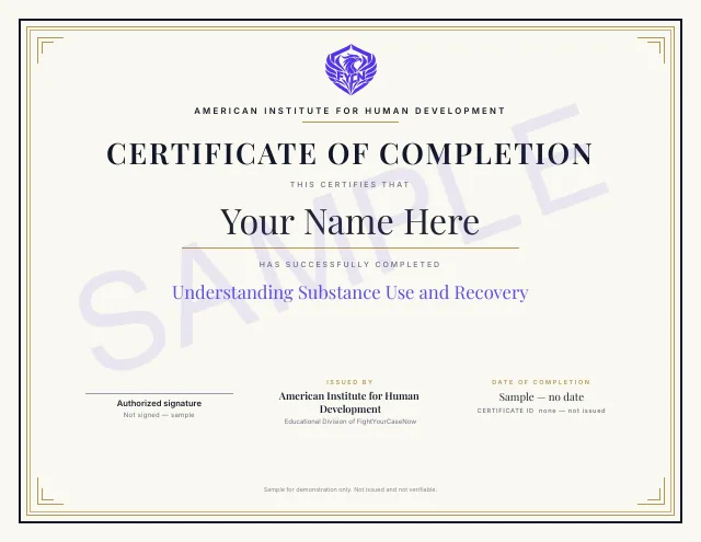 Page 24 of 25 of the sample memorandum: Understanding Substance Use certificate (sample). Fictional case, illustrative example only.