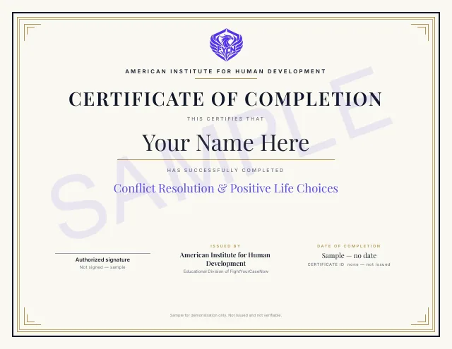 Page 25 of 25 of the sample memorandum: Conflict Resolution certificate (sample). Fictional case, illustrative example only.